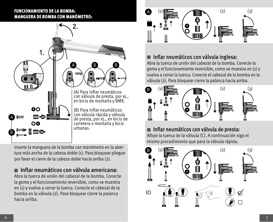 Inflar neumáticos con válvula americana, Inflar neumáticos con válvula inglesa, Inflar neumáticos con válvula de presta | Crivit Mini Telescopic Pump User Manual | Page 4 / 17