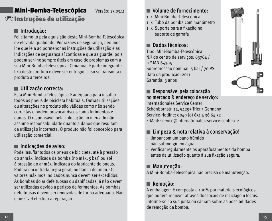 Mini-bomba-telescópica, Instruções de utilização | Crivit Mini Telescopic Pump User Manual | Page 8 / 17