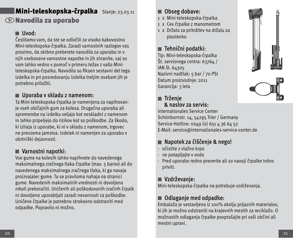 Mini-teleskopska-črpalka, Navodila za uporabo | Crivit Mini Telescopic Pump User Manual | Page 11 / 23