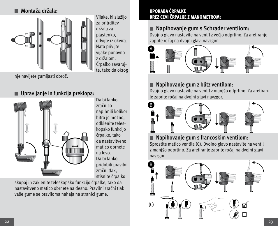 Montaža držala, Upravljanje in funkcija preklopa, Napihovanje gum s schrader ventilom | Napihovanje gum z blitz ventilom, Napihovanje gum s francoskim ventilom | Crivit Mini Telescopic Pump User Manual | Page 12 / 23