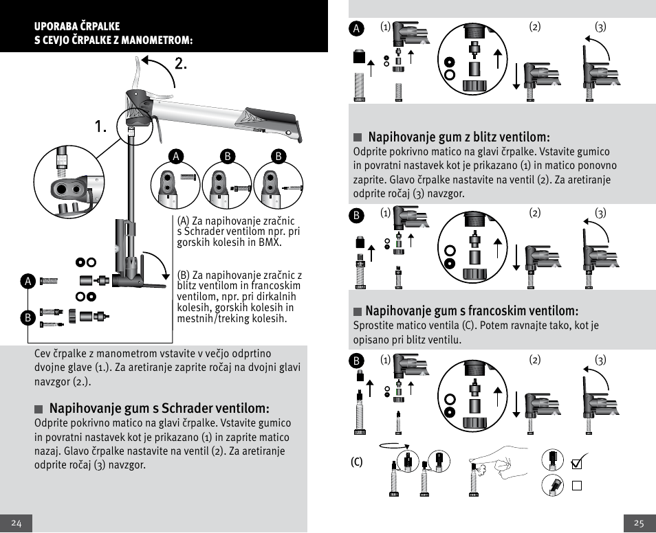 Napihovanje gum s schrader ventilom, Napihovanje gum z blitz ventilom, Napihovanje gum s francoskim ventilom | Crivit Mini Telescopic Pump User Manual | Page 13 / 23