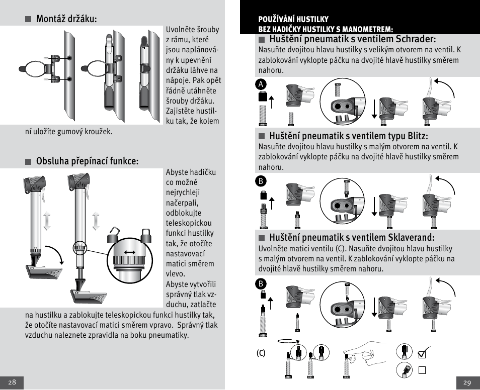 Montáž držáku, Obsluha přepínací funkce, Huštění pneumatik s ventilem schrader | Huštění pneumatik s ventilem typu blitz, Huštění pneumatik s ventilem sklaverand | Crivit Mini Telescopic Pump User Manual | Page 15 / 23