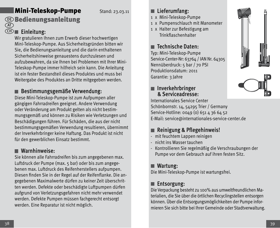 Mini-teleskop-pumpe, Bedienungsanleitung | Crivit Mini Telescopic Pump User Manual | Page 20 / 23