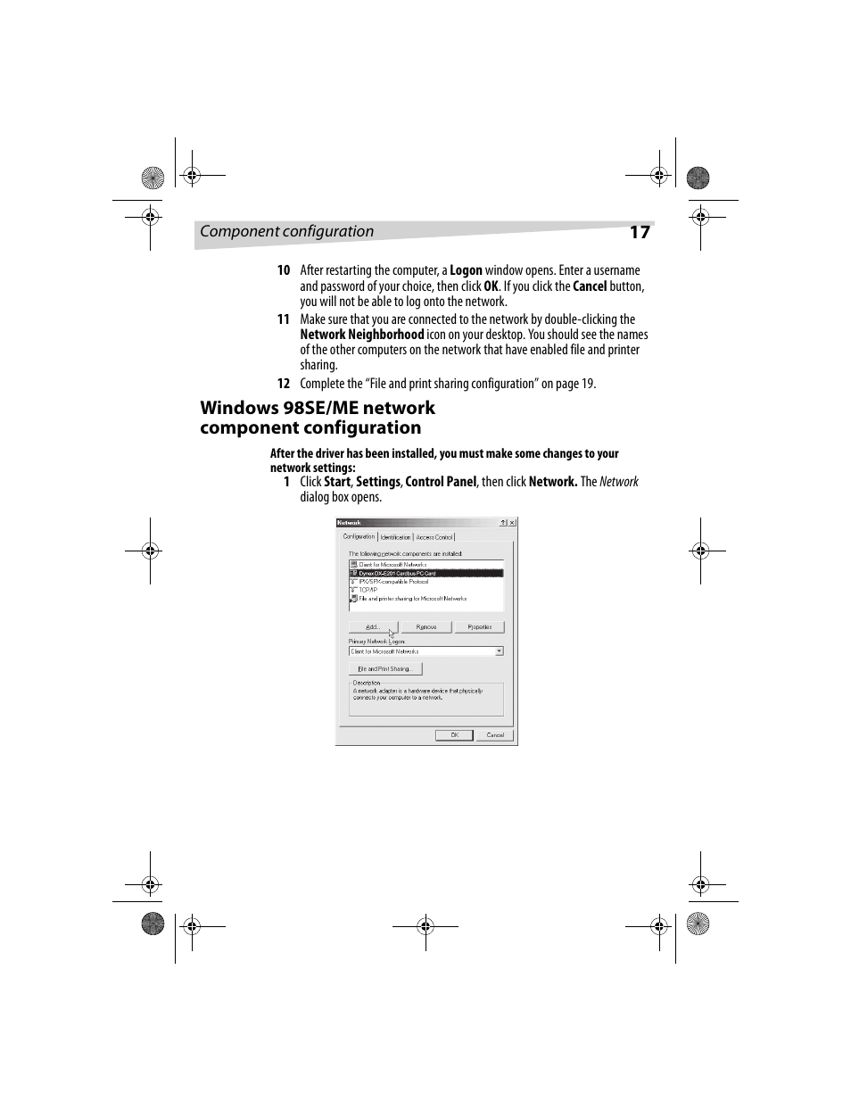 Windows 98se/me network component configuration | Dynex DX-E201 User Manual | Page 17 / 89