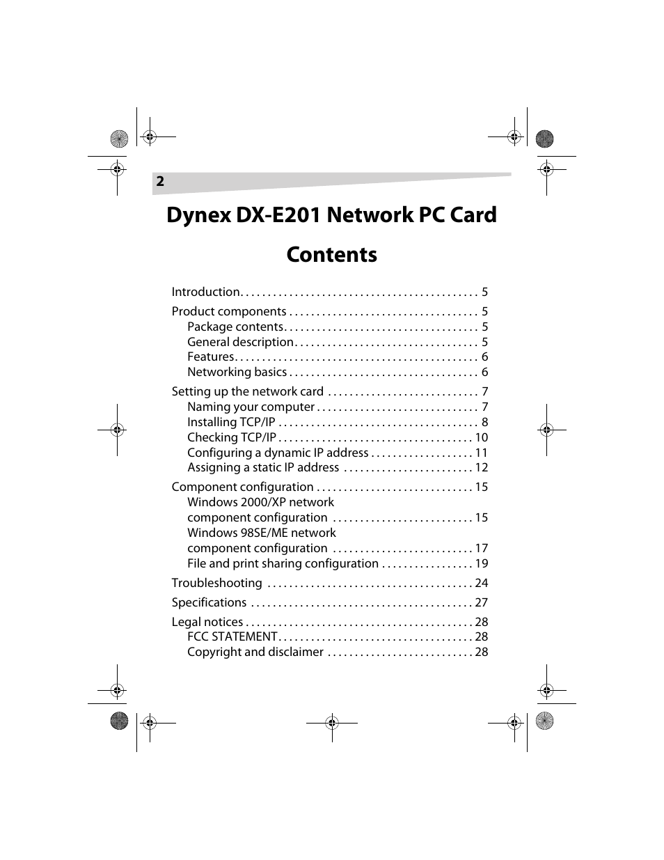 Dynex dx-e201 network pc card contents | Dynex DX-E201 User Manual | Page 2 / 89