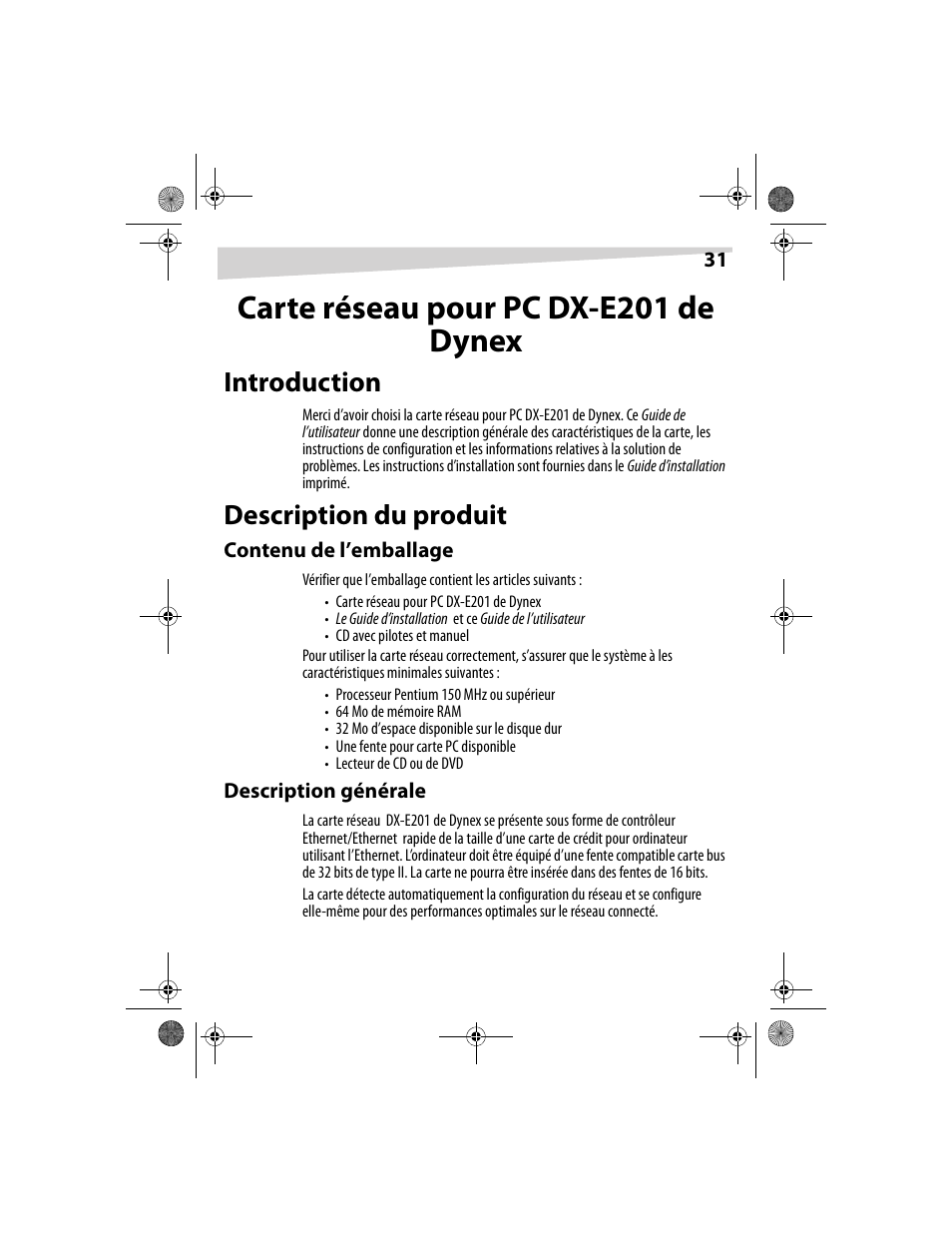 Carte réseau pour pc dx-e201 de dynex, Introduction, Description du produit | Dynex DX-E201 User Manual | Page 31 / 89