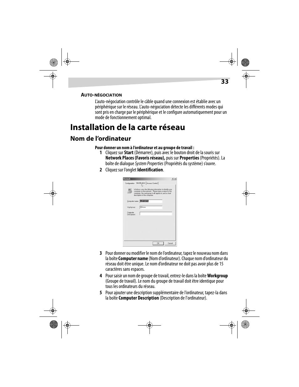 Installation de la carte réseau, Nom de l’ordinateur | Dynex DX-E201 User Manual | Page 33 / 89
