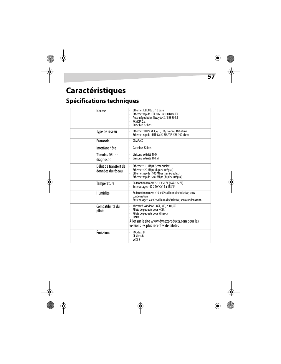 Caractéristiques, Spécifications techniques | Dynex DX-E201 User Manual | Page 57 / 89