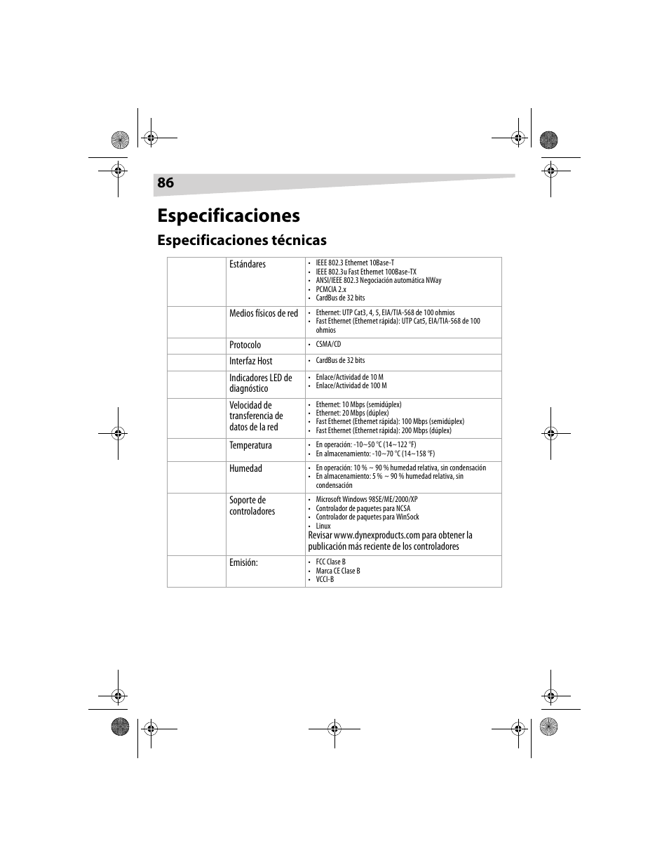 Especificaciones, Especificaciones técnicas | Dynex DX-E201 User Manual | Page 86 / 89
