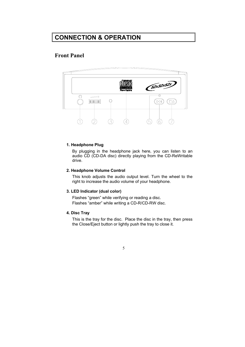 Connection & operation, Front panel | Dynex DX-ECDRW100 User Manual | Page 9 / 50