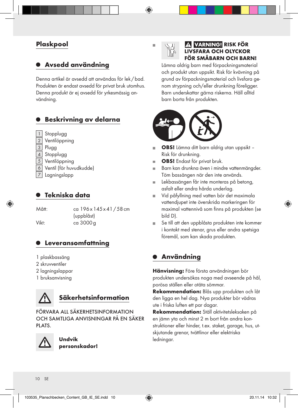 Plaskpool avsedd användning, Beskrivning av delarna, Tekniska data | Leveransomfattning, Säkerhetsinformation, Användning | Crivit Z31953 User Manual | Page 10 / 25