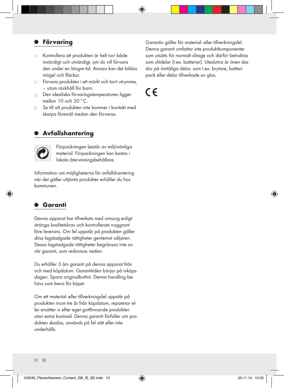 Förvaring, Avfallshantering, Garanti | Crivit Z31953 User Manual | Page 12 / 25