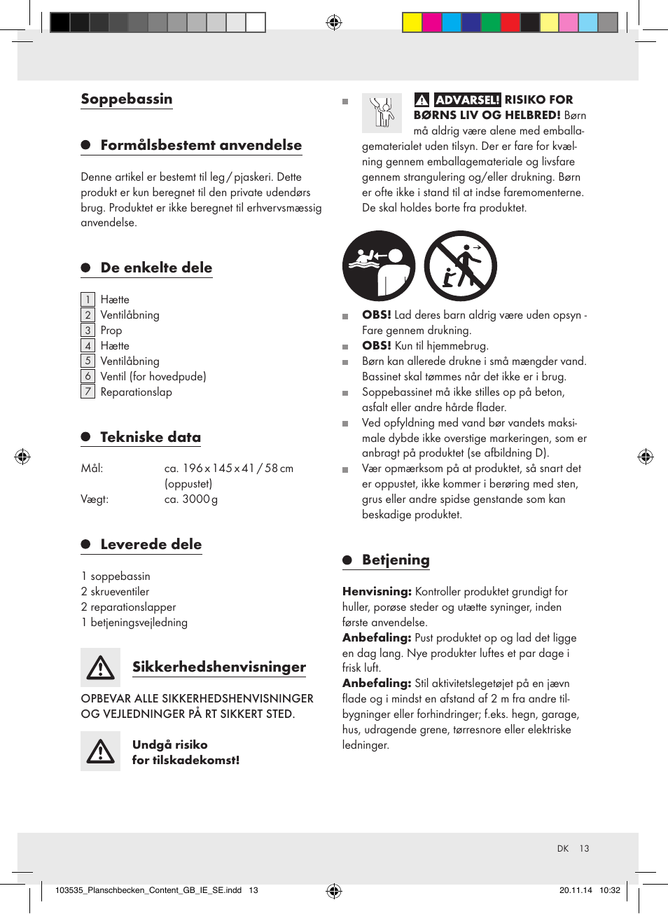 Soppebassin formålsbestemt anvendelse, De enkelte dele, Tekniske data | Leverede dele, Sikkerhedshenvisninger, Betjening | Crivit Z31953 User Manual | Page 13 / 25