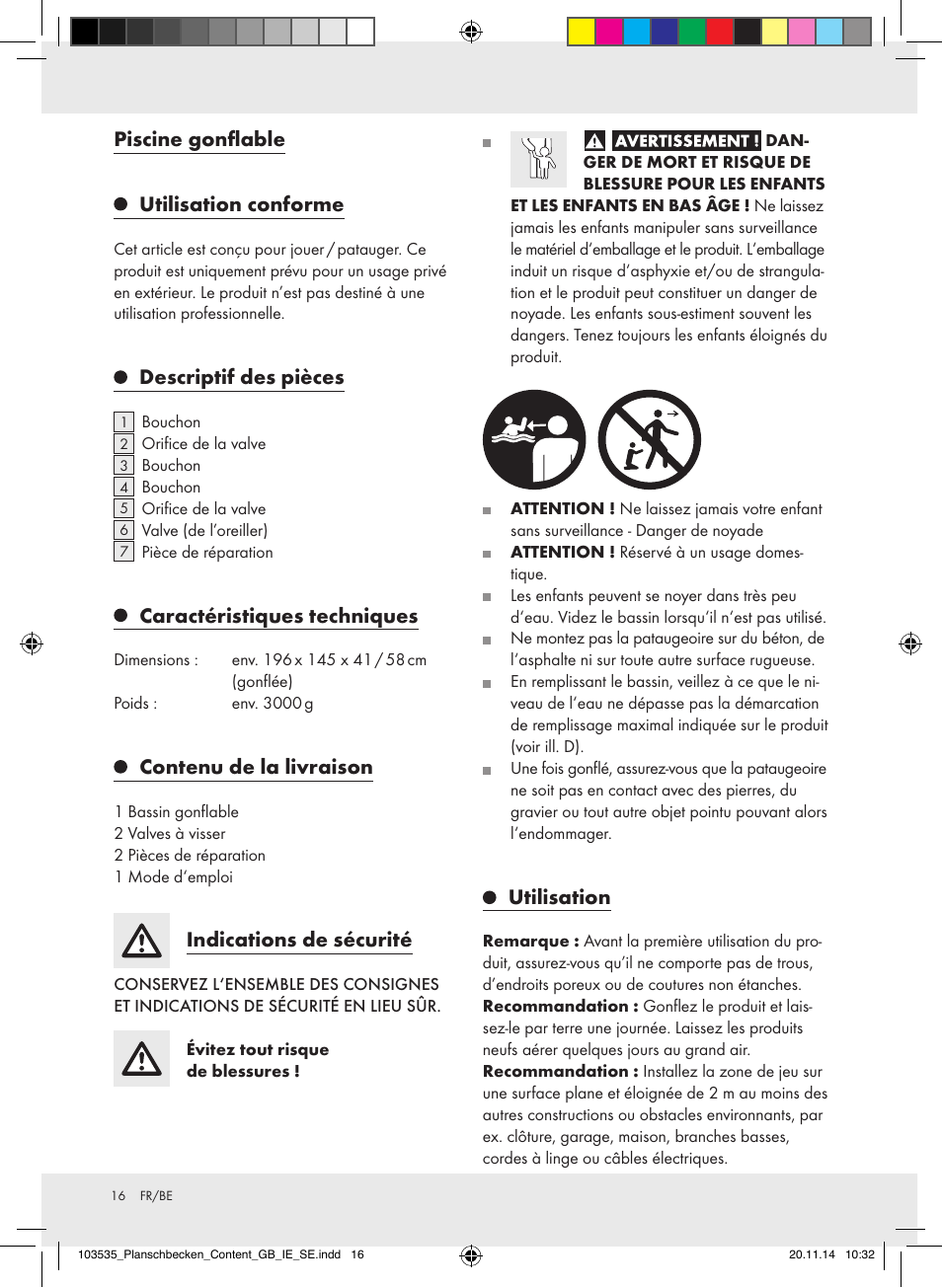 Piscine gonflable utilisation conforme, Descriptif des pièces, Caractéristiques techniques | Contenu de la livraison, Indications de sécurité, Utilisation | Crivit Z31953 User Manual | Page 16 / 25
