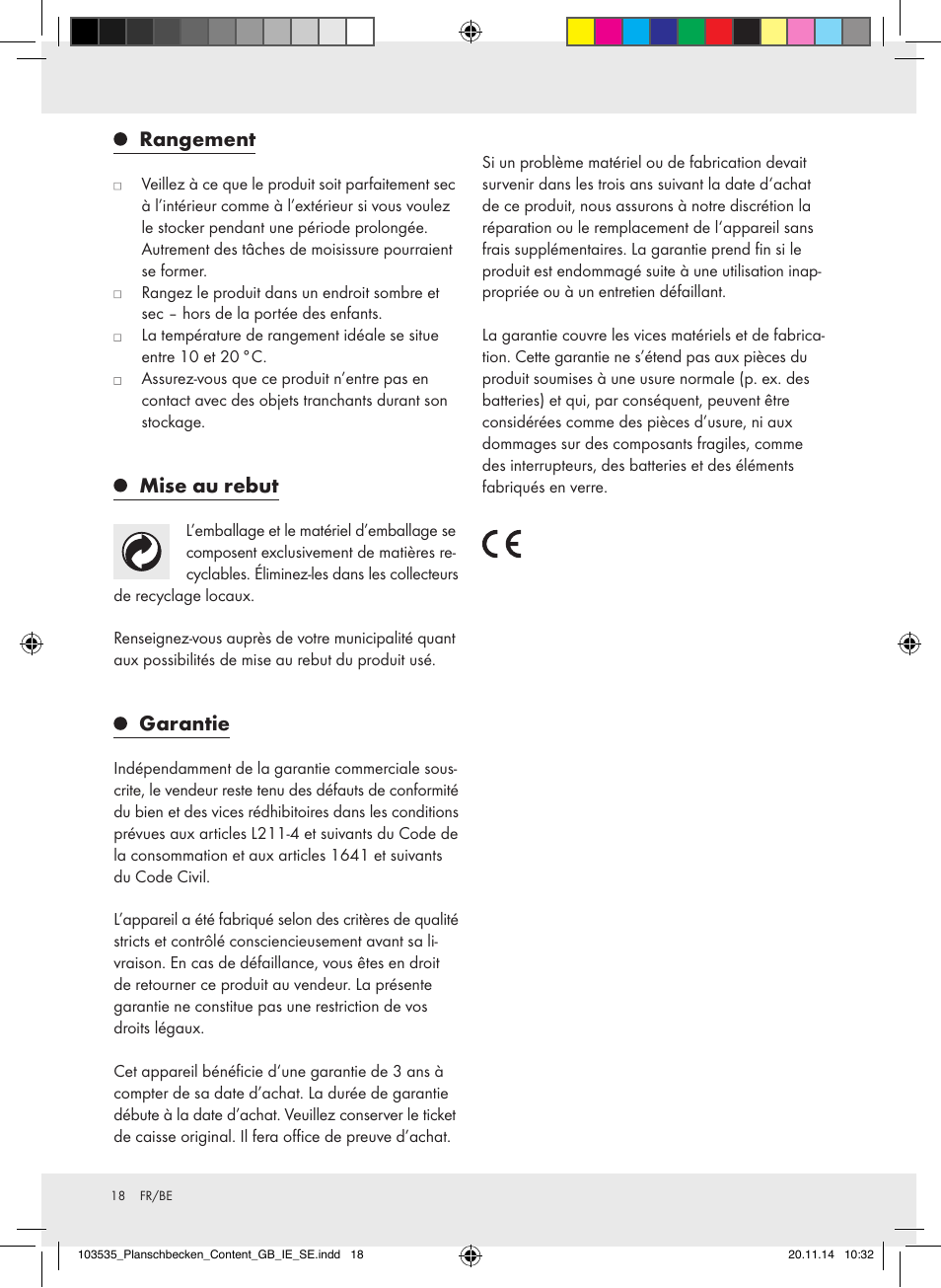 Rangement, Mise au rebut, Garantie | Crivit Z31953 User Manual | Page 18 / 25