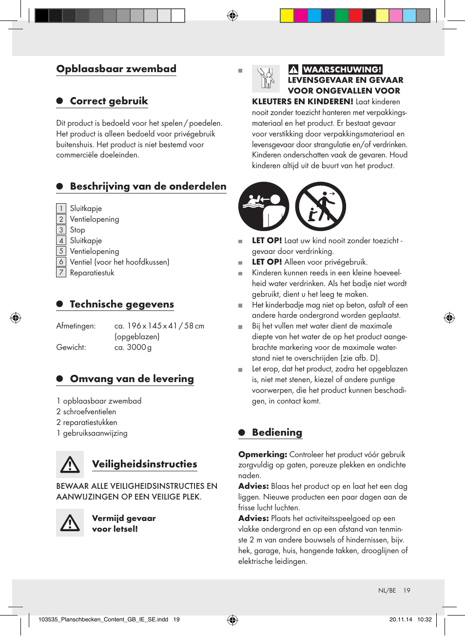 Opblaasbaar zwembad correct gebruik, Beschrijving van de onderdelen, Technische gegevens | Omvang van de levering, Veiligheidsinstructies, Bediening | Crivit Z31953 User Manual | Page 19 / 25