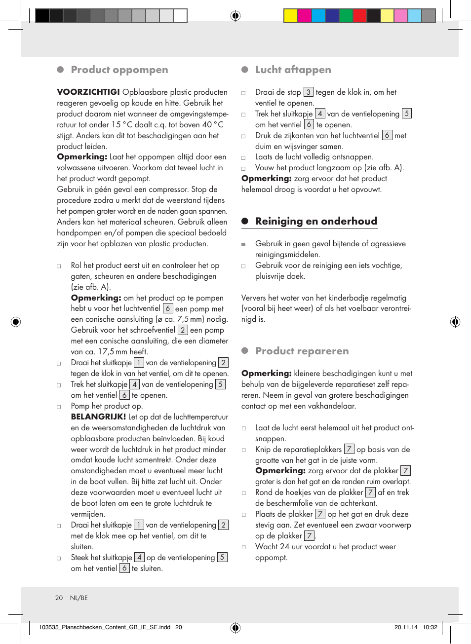 Product oppompen, Lucht aftappen, Reiniging en onderhoud | Product repareren | Crivit Z31953 User Manual | Page 20 / 25
