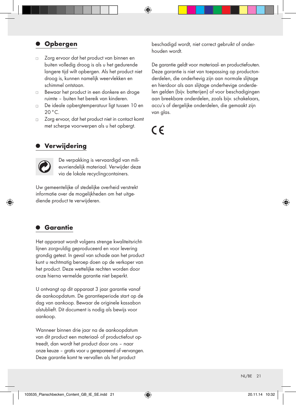 Opbergen, Verwijdering, Garantie | Crivit Z31953 User Manual | Page 21 / 25