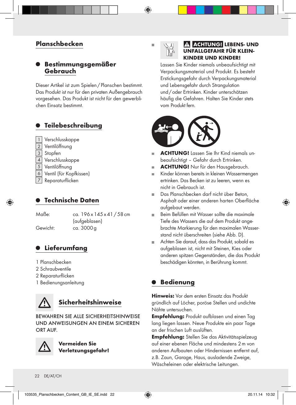 Planschbecken bestimmungsgemäßer gebrauch, Teilebeschreibung, Technische daten | Lieferumfang, Sicherheitshinweise, Bedienung | Crivit Z31953 User Manual | Page 22 / 25