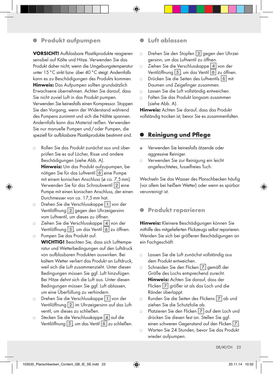 Produkt aufpumpen, Luft ablassen, Reinigung und pflege | Produkt reparieren | Crivit Z31953 User Manual | Page 23 / 25