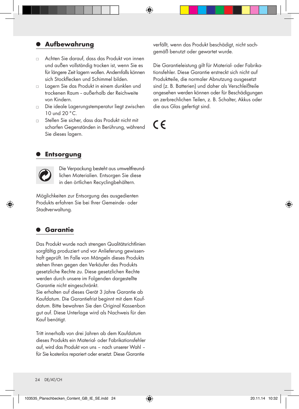 Aufbewahrung, Entsorgung, Garantie | Crivit Z31953 User Manual | Page 24 / 25