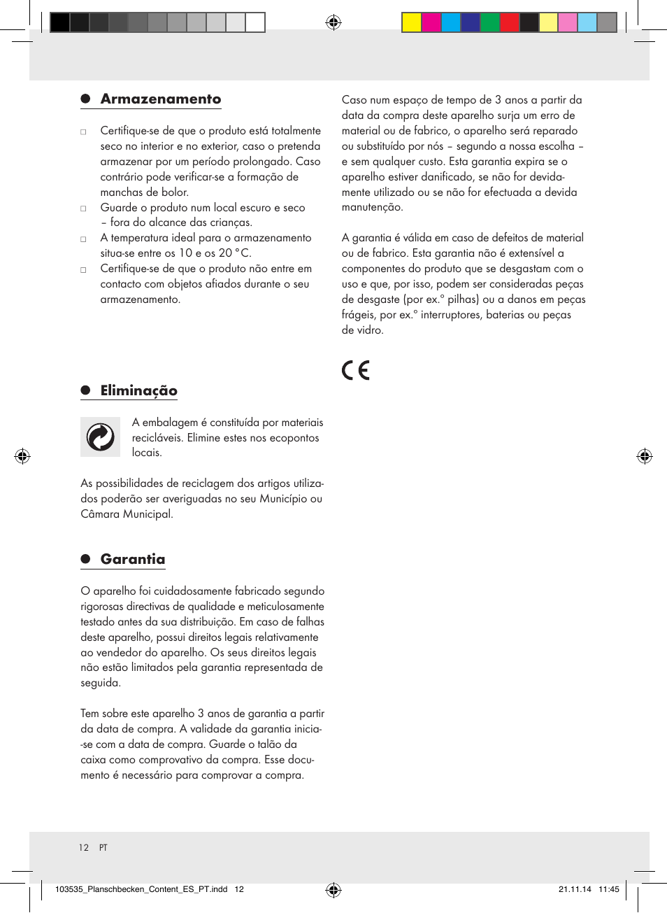 Armazenamento, Eliminação, Garantia | Crivit Z31953 User Manual | Page 12 / 19