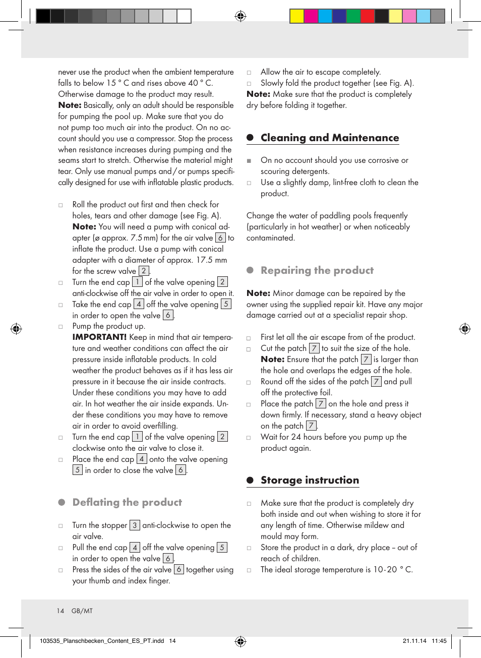 Deflating the product, Cleaning and maintenance, Repairing the product | Storage instruction | Crivit Z31953 User Manual | Page 14 / 19