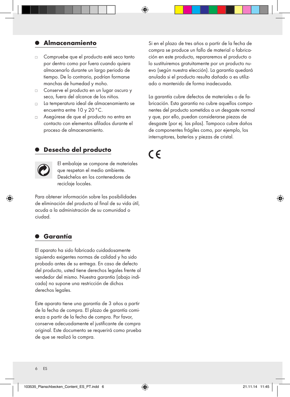 Almacenamiento, Desecho del producto, Garantía | Crivit Z31953 User Manual | Page 6 / 19