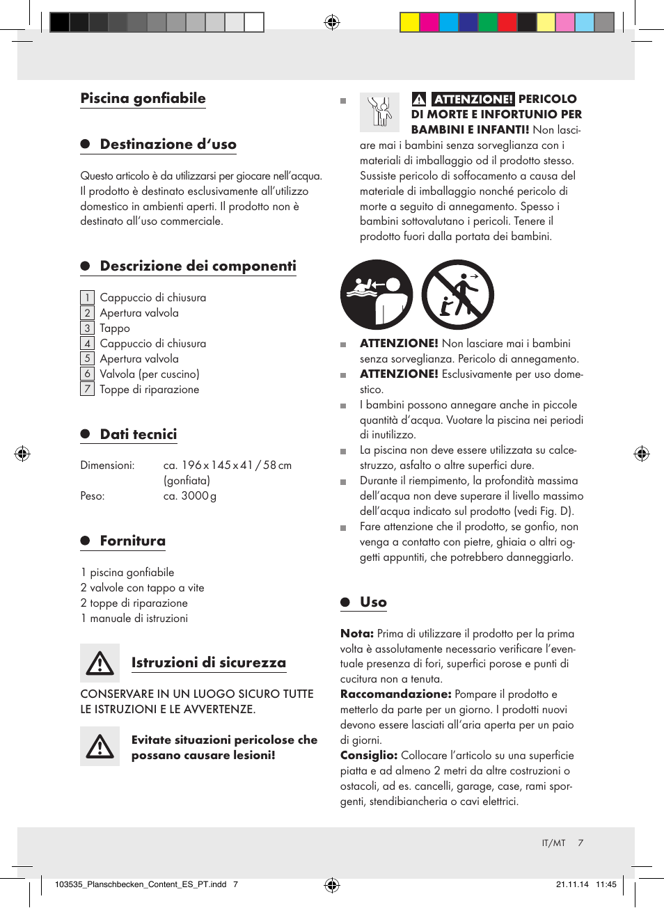 Piscina gonfiabile destinazione d‘uso, Descrizione dei componenti, Dati tecnici | Fornitura, Istruzioni di sicurezza | Crivit Z31953 User Manual | Page 7 / 19