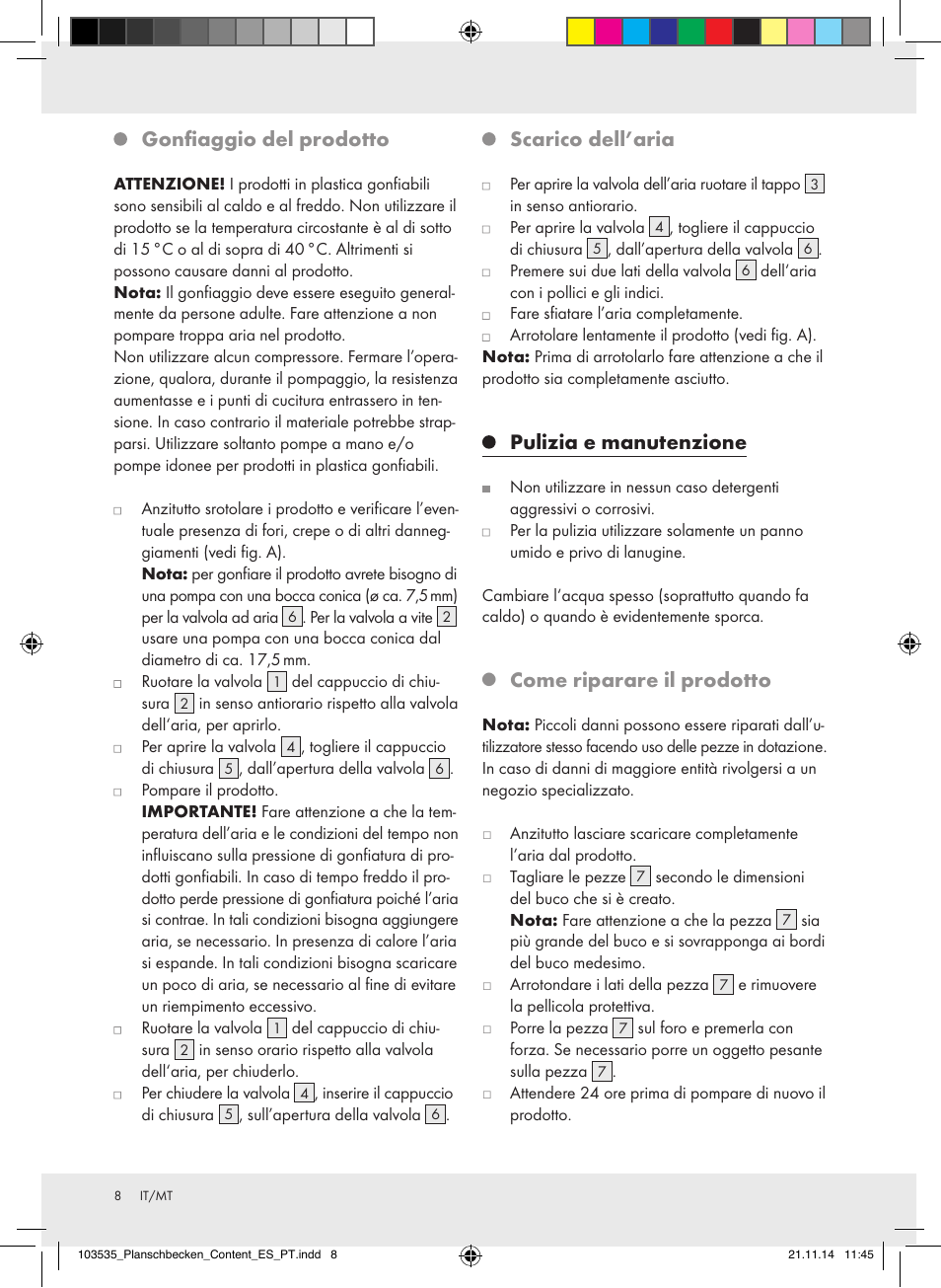 Gonfiaggio del prodotto, Scarico dell’aria, Pulizia e manutenzione | Come riparare il prodotto | Crivit Z31953 User Manual | Page 8 / 19