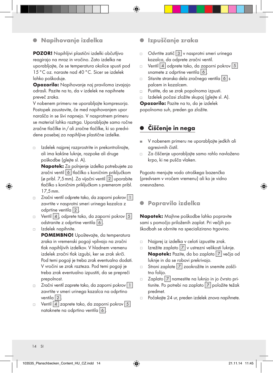 Napihovanje izdelka, Izpuščanje zraka, Čiščenje in nega | Popravilo izdelka | Crivit Z31953 User Manual | Page 14 / 26