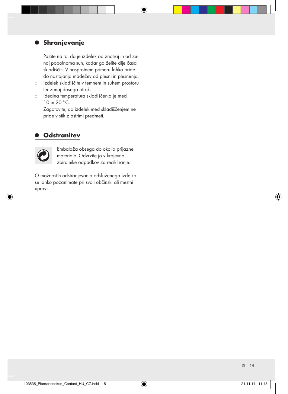 Shranjevanje, Odstranitev | Crivit Z31953 User Manual | Page 15 / 26
