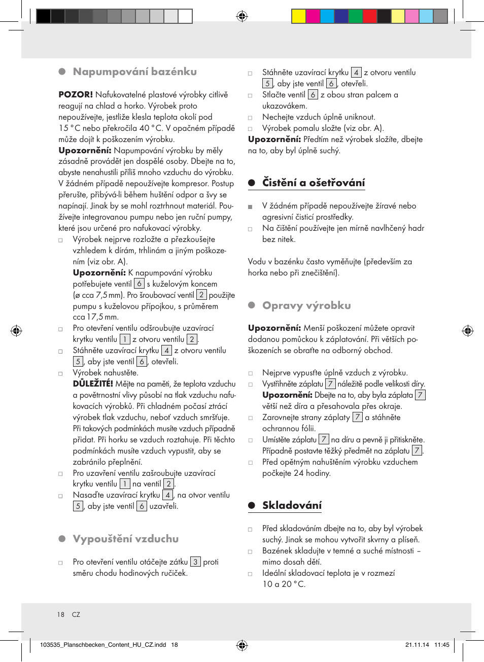Napumpování bazénku, Vypouštění vzduchu, Čistění a ošetřování | Opravy výrobku, Skladování | Crivit Z31953 User Manual | Page 18 / 26