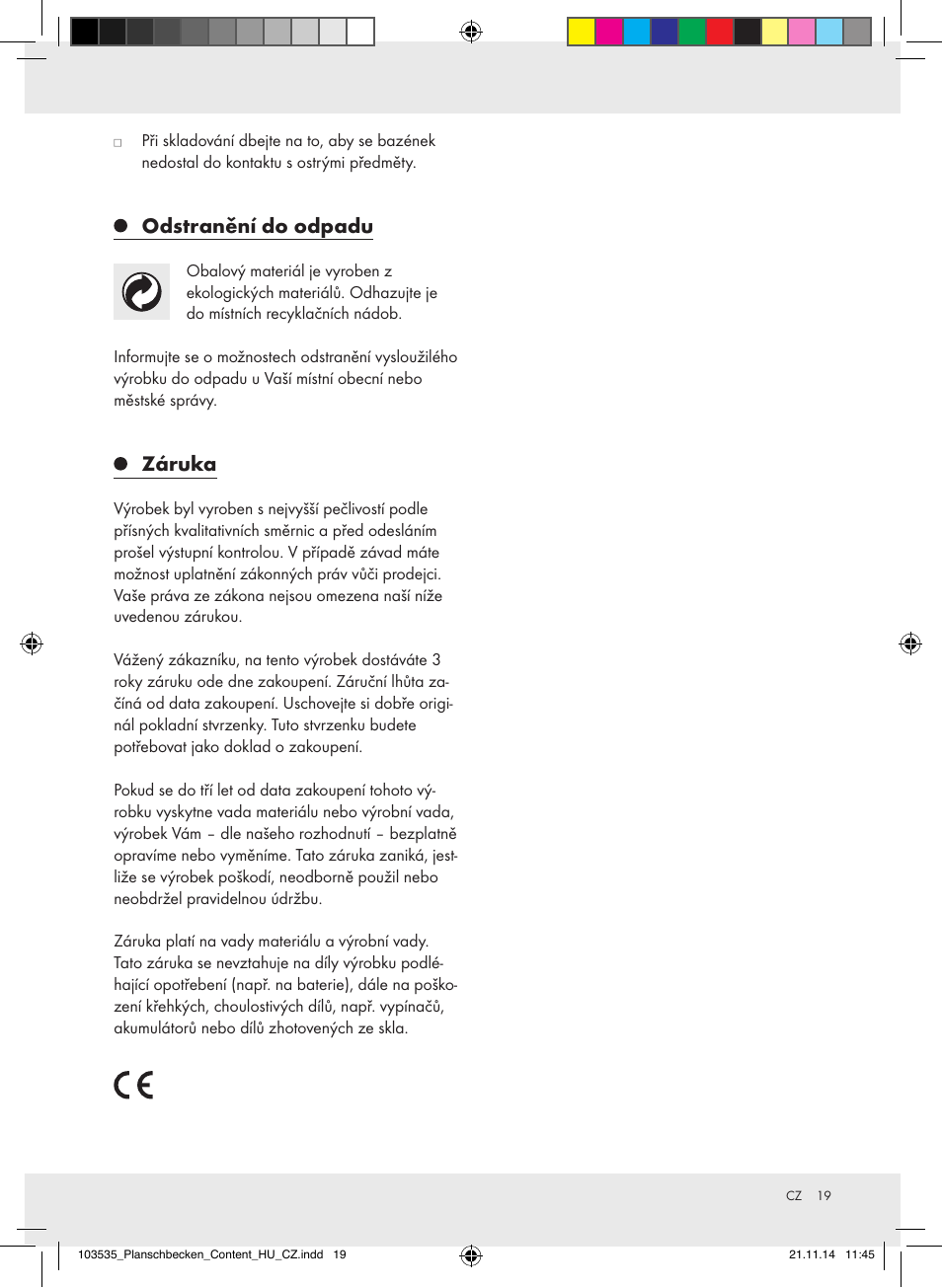 Odstranění do odpadu, Záruka | Crivit Z31953 User Manual | Page 19 / 26