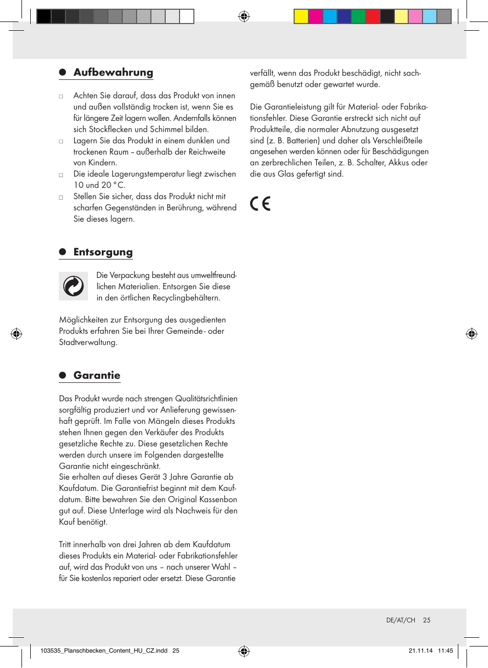 Aufbewahrung, Entsorgung, Garantie | Crivit Z31953 User Manual | Page 25 / 26
