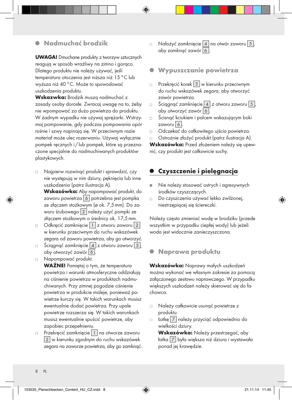 Nadmuchać brodzik, Wypuszczanie powietrza, Czyszczenie i pielęgnacja | Naprawa produktu | Crivit Z31953 User Manual | Page 8 / 26