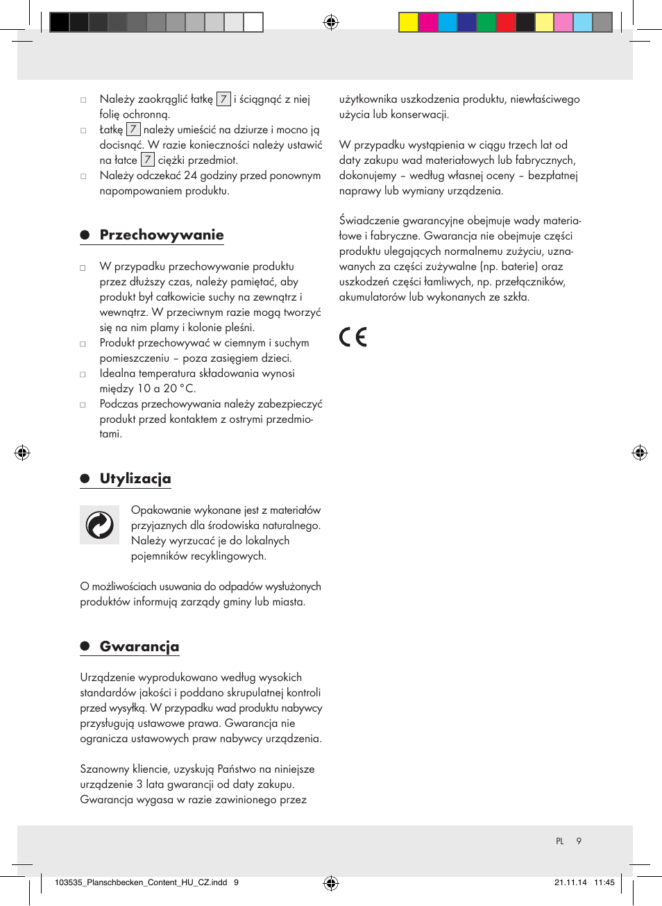 Przechowywanie, Utylizacja, Gwarancja | Crivit Z31953 User Manual | Page 9 / 26