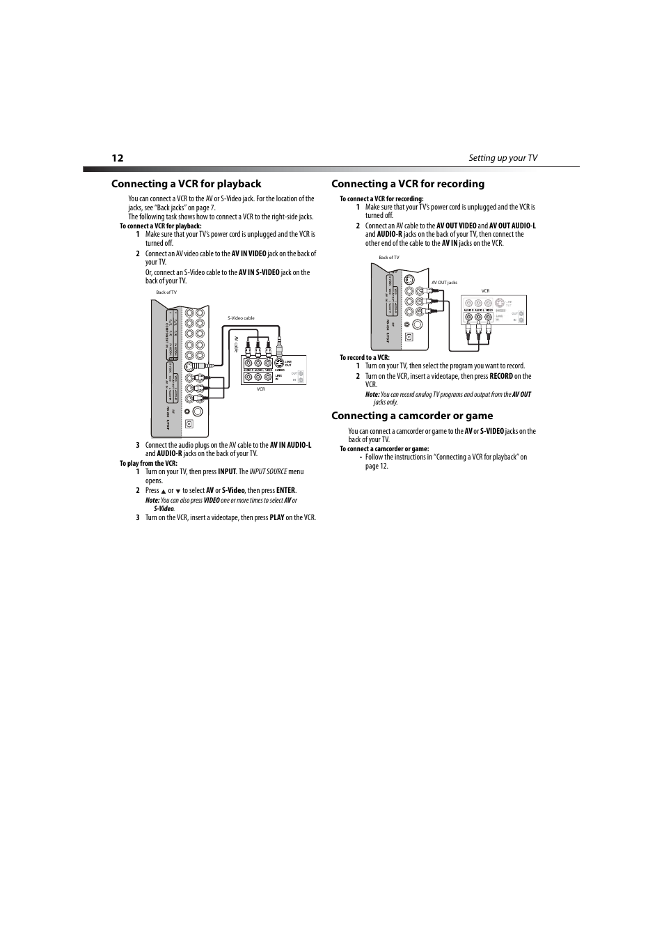 Connecting a vcr for playback, Connecting a vcr for recording, Connecting a camcorder or game | Dynex DX-LCD37-09-2 User Manual | Page 12 / 36