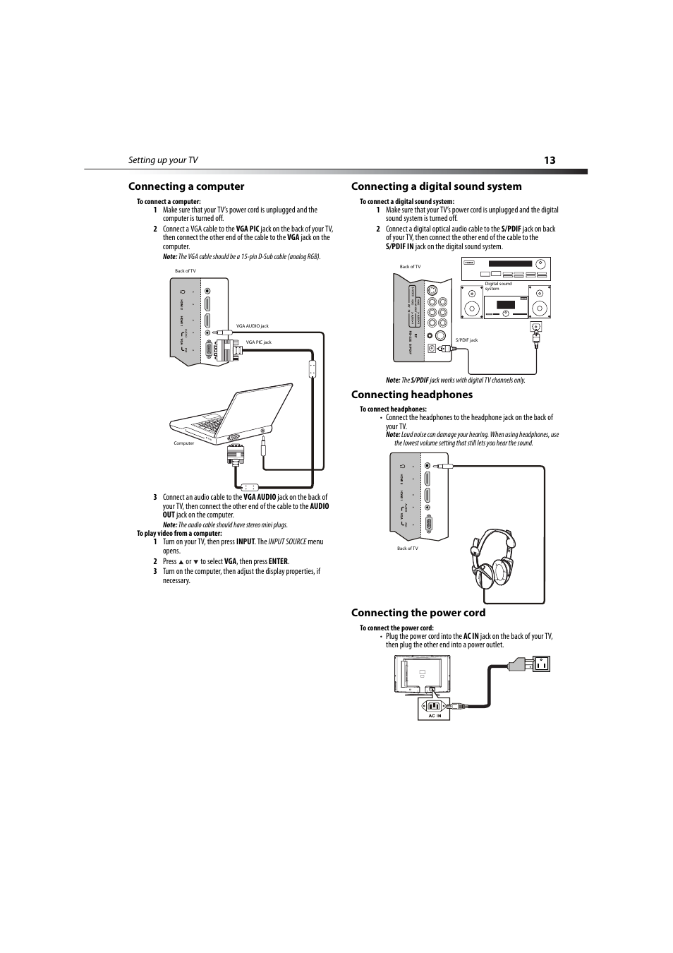Connecting a computer, Connecting a digital sound system, Connecting headphones | Connecting the power cord, 13 connecting a computer | Dynex DX-LCD37-09-2 User Manual | Page 13 / 36