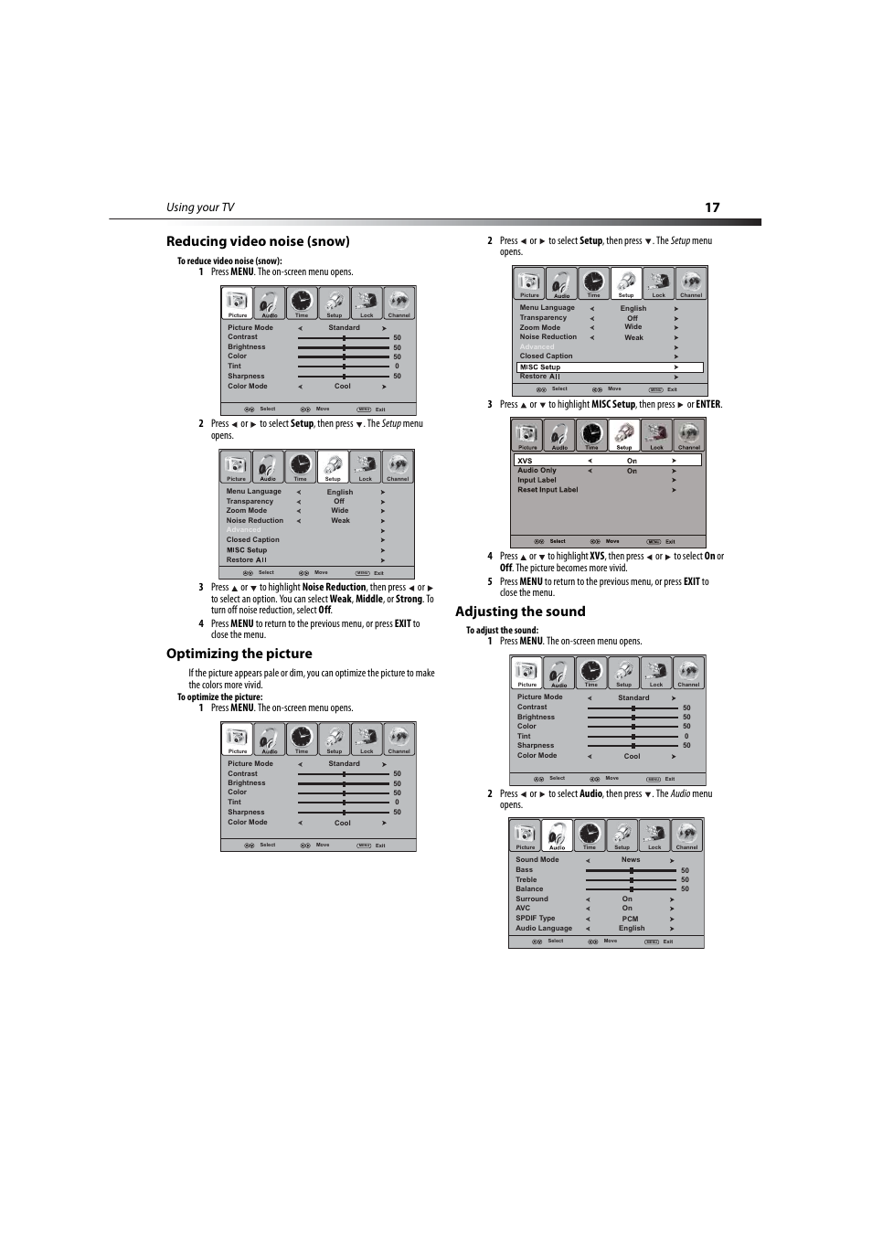 Reducing video noise (snow), Optimizing the picture, Adjusting the sound | 17 reducing video noise (snow), Using your tv | Dynex DX-LCD37-09-2 User Manual | Page 17 / 36