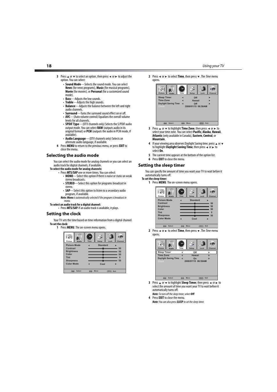 Selecting the audio mode, Setting the clock, Setting the sleep timer | E “setting the sleep timer, Ge 18, Using your tv | Dynex DX-LCD37-09-2 User Manual | Page 18 / 36