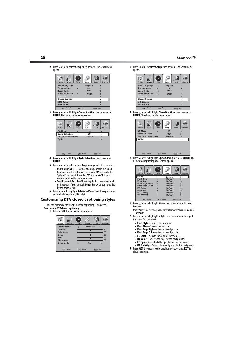 Customizing dtv closed captioning styles, Using your tv | Dynex DX-LCD37-09-2 User Manual | Page 20 / 36