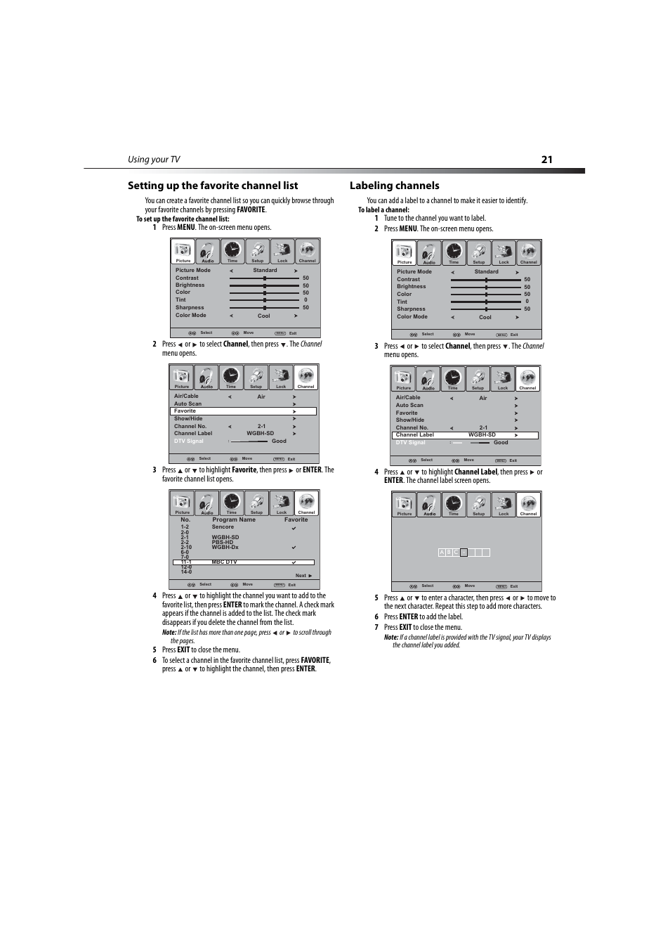 Setting up the favorite channel list, Labeling channels, E “setting up the favorite channel list | Ge 21, 21 setting up the favorite channel list, Using your tv | Dynex DX-LCD37-09-2 User Manual | Page 21 / 36