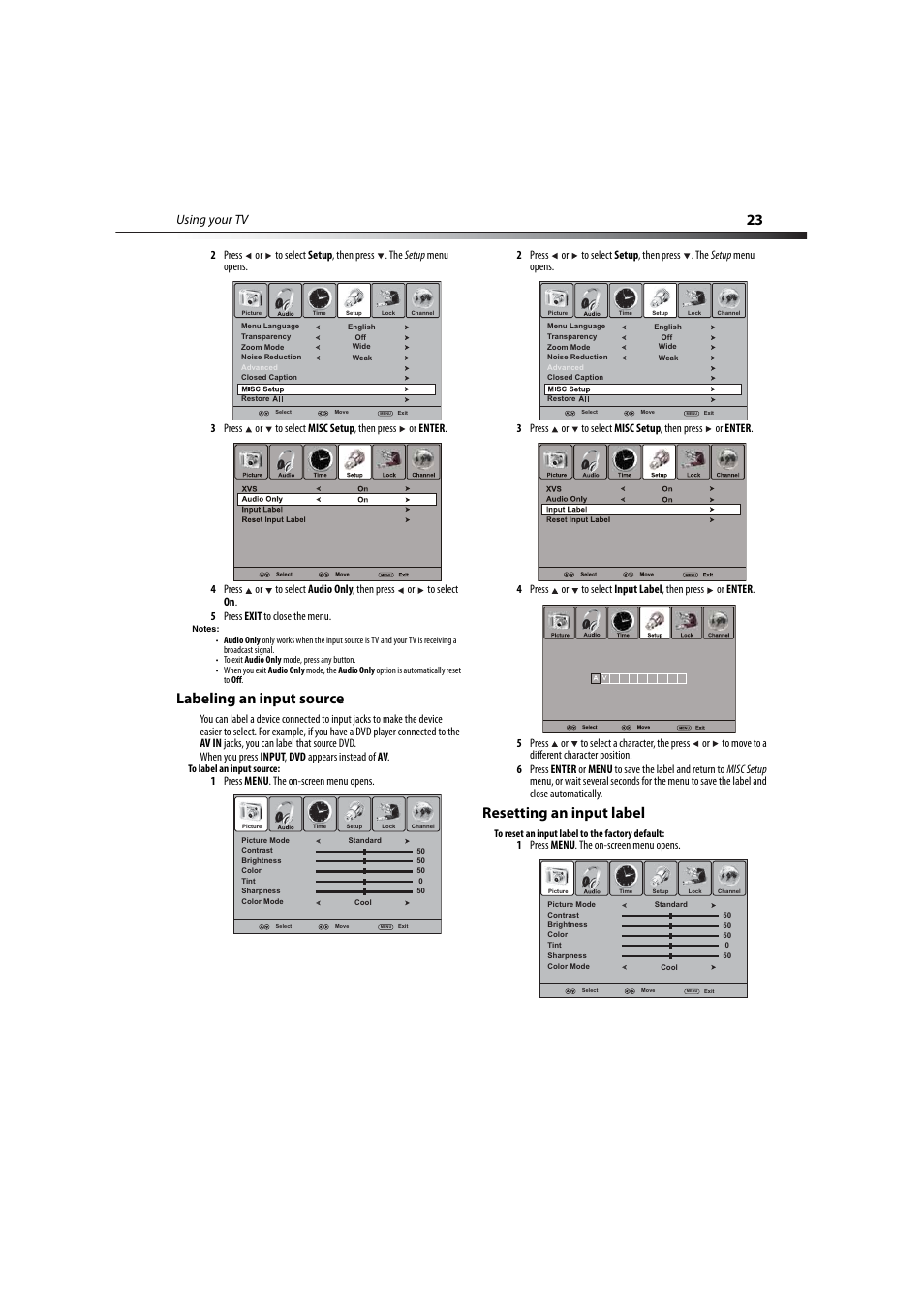 Labeling an input source, Resetting an input label, Labeling an input source resetting an input label | Using your tv, 1 press menu . the on-screen menu opens | Dynex DX-LCD37-09-2 User Manual | Page 23 / 36