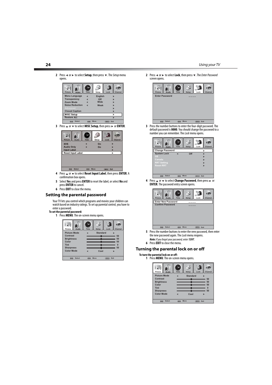 Setting the parental password, Turning the parental lock on or off, Using your tv | 6 press exit to close the menu, 1 press menu . the on-screen menu opens | Dynex DX-LCD37-09-2 User Manual | Page 24 / 36