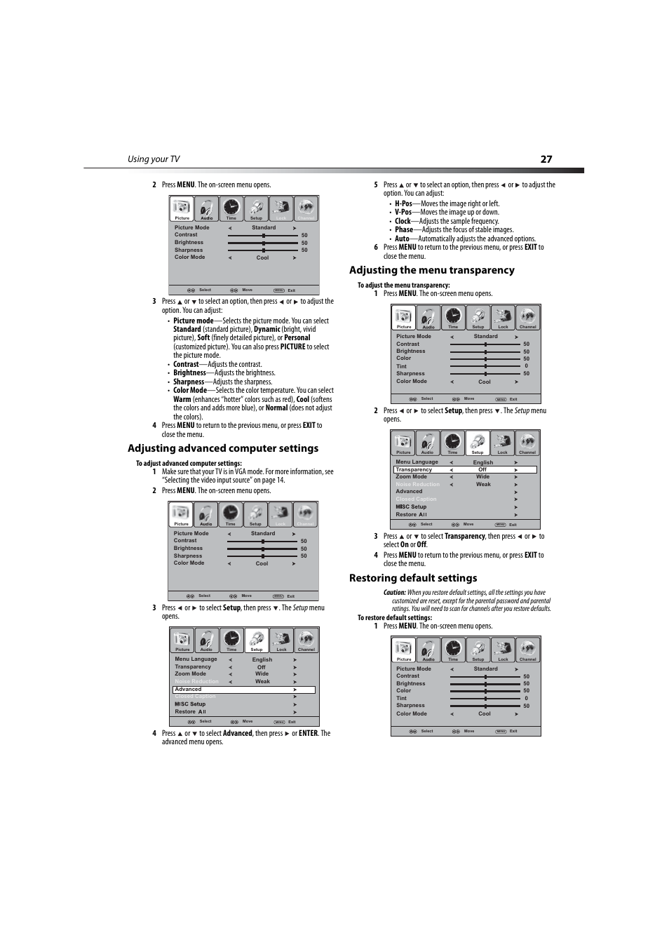 Adjusting advanced computer settings, Adjusting the menu transparency, Restoring default settings | Using your tv, 1 press menu . the on-screen menu opens | Dynex DX-LCD37-09-2 User Manual | Page 27 / 36