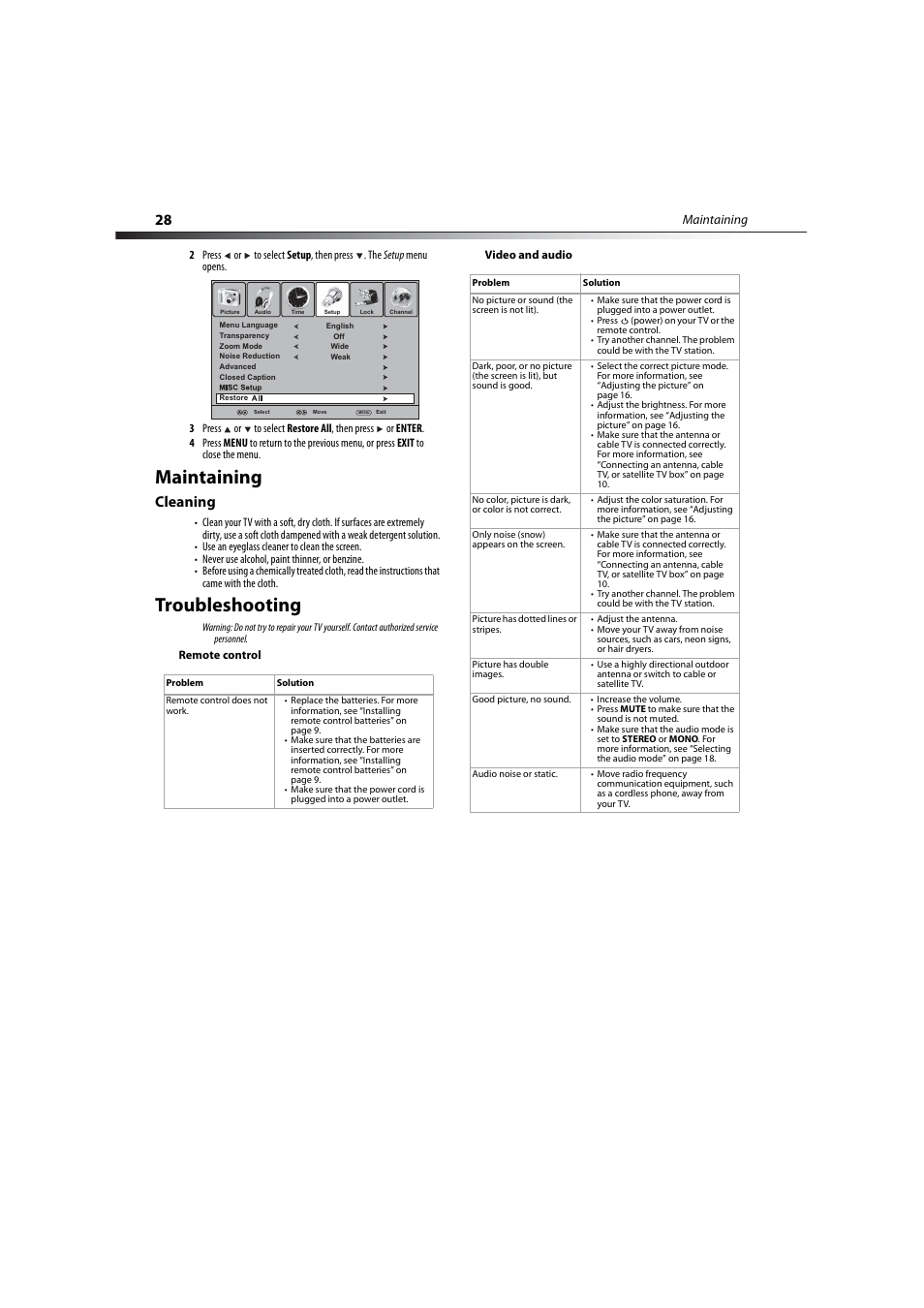 Maintaining, Cleaning, Troubleshooting | Remote control, Video and audio, Maintaining troubleshooting | Dynex DX-LCD37-09-2 User Manual | Page 28 / 36