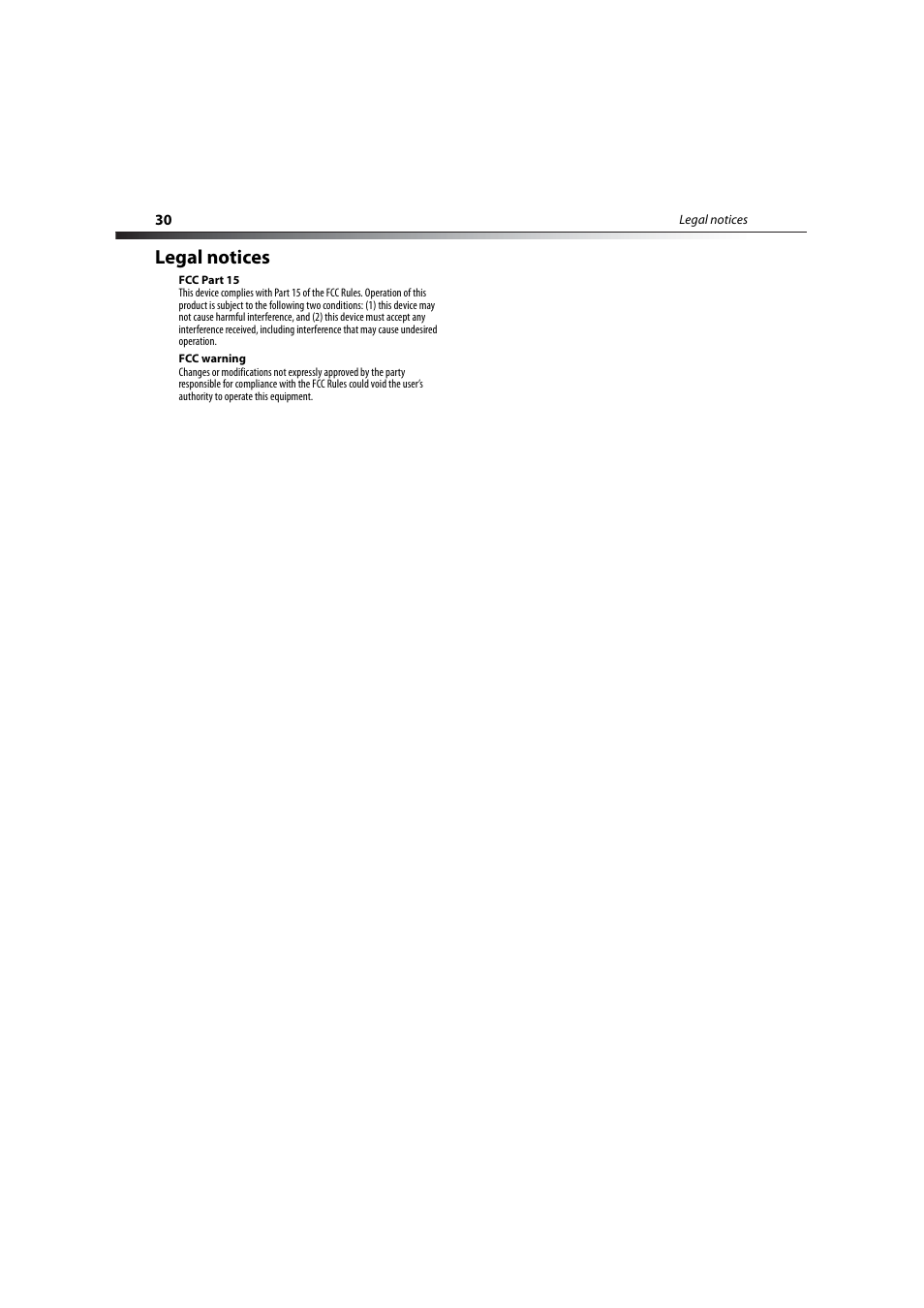 Legal notices, Fcc part 15, Fcc warning | Dynex DX-LCD37-09-2 User Manual | Page 30 / 36