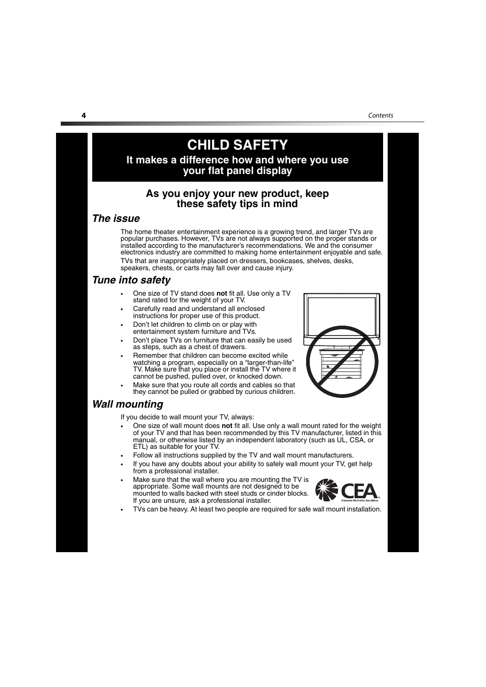Child safety, Tune into safety, Wall mounting | Dynex DX-LCD37-09-2 User Manual | Page 4 / 36