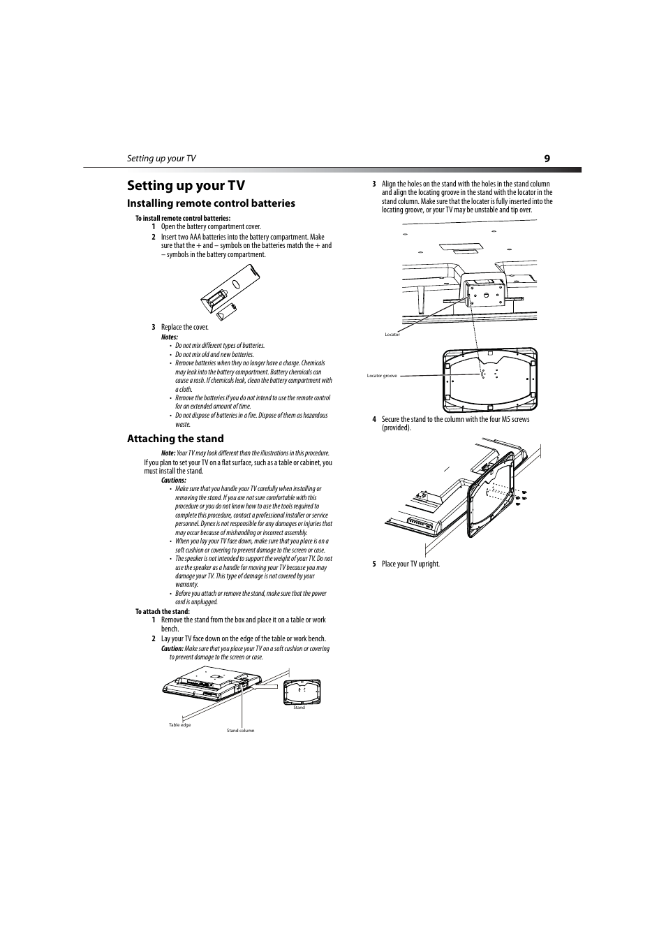 Setting up your tv, Installing remote control batteries, Attaching the stand | Dynex DX-LCD37-09-2 User Manual | Page 9 / 36